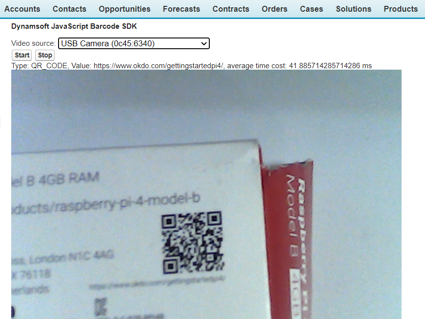 Decode barcode from camera video stream within Salesforce window