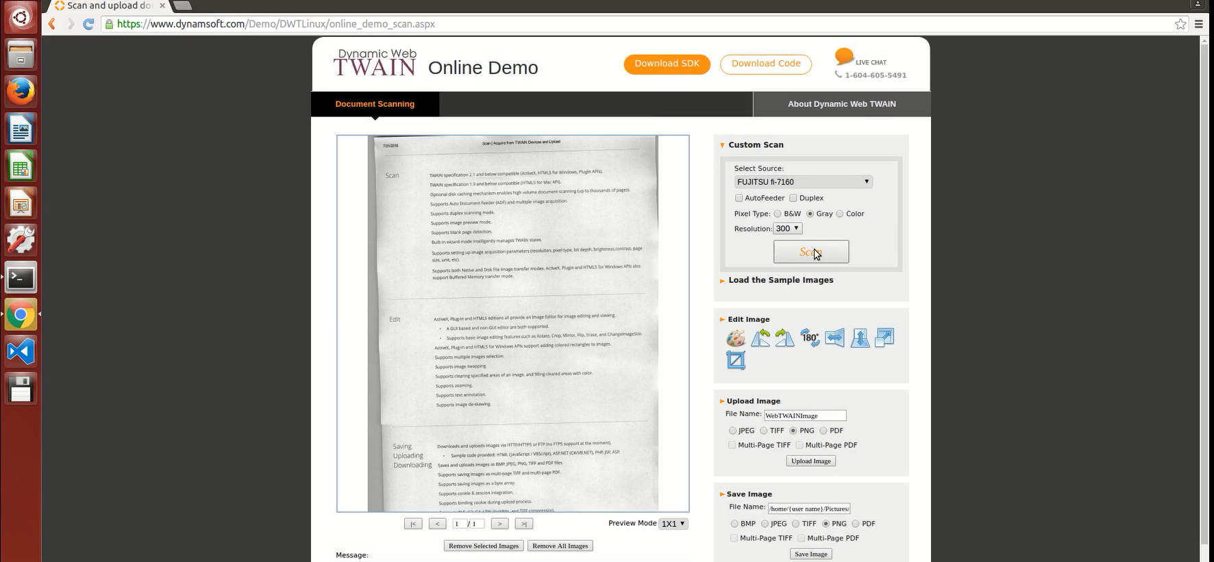 Scan documents from Chrome on Ubuntu from the online demo of Dynamic Web TWAIN Linux Edition